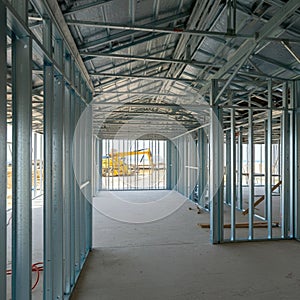 Interior view of a construction site featuring a metal frame structure