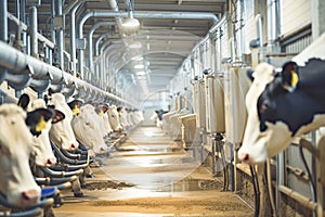 Interior view of a dairy factory with cows on both sides. Concept of agriculture and animal husbandry