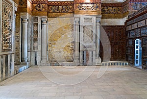 Interior view of decorated marble walls surrounding the cenotaph in the mausoleum of Sultan Qalawun, Cairo, Egypt