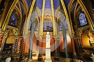Interior view and details of the stained glass of the Holy Chapel -Sainte Chapelle in Paris, France. Gothic royal