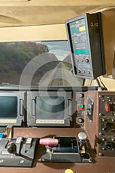 Interior view of the drivers cab inside train