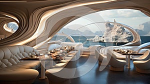 Interior View Of Elegant Restaurant Inside The Floating Resorts Above The Sea. Luxury Dining Above The Waves. Generative AI