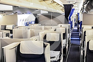 Interior view of Empty Airplane seats on board a jet liner