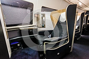 Interior view of Empty Airplane seats on board a jet liner