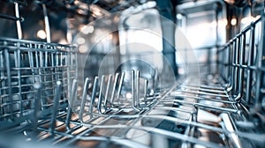 Interior view of an empty modern dishwasher rack with metal slots for holding dishware