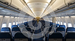 Interior view of an empty passenger airplane cabin with blue seats