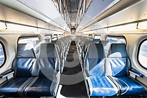 Interior view of an empty passenger train car photo