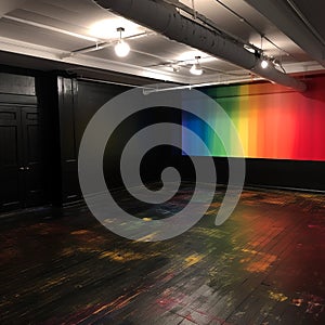 An interior view of an empty room with vibrant rainbow painted floor, adding pop of color to otherwise plain space.