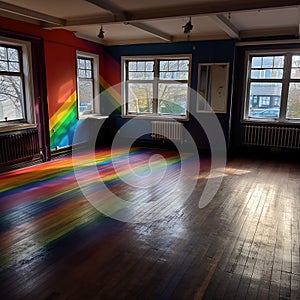 An interior view of an empty room with vibrant rainbow painted floor, adding pop of color to otherwise plain space.