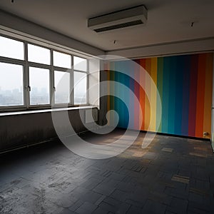 Interior view of an empty room with vibrant rainbow painted floor, adding pop of color to otherwise plain space.