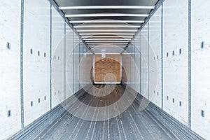 Interior view of empty semi truck dry van trailer