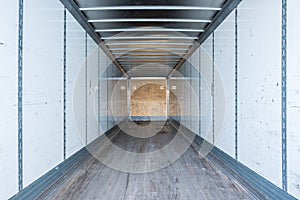 Interior view of empty semi truck dry van trailer