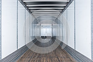 Interior view of empty semi truck dry van trailer
