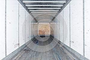 Interior view of empty semi truck dry van trailer