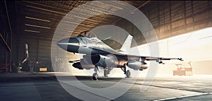 interior view of a generic military fighter jet parked inside a military barracks or