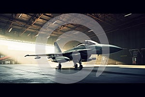 interior view of a generic military fighter jet parked inside a military barracks or hangar as wide banner with copyspace area for