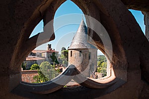 Interior view gothic window at medieval castle. View of a tower