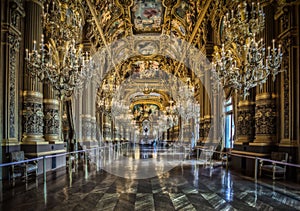 Interior view of the grand hallway of the Opera House in Paris, France