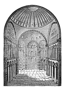 Interior view of Hagia Sophia in Istanbul, Turkey, vintage engraving