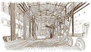 Interior view of a historical forge shop or factory building