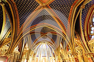 Interior view of the Holy Chapel -Sainte Chapelle in Paris, France. Gothic royal medieval church located in the center