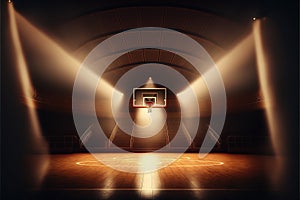 Interior view of an illuminated basketball stadium for a game. Generative AI