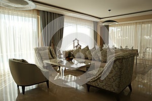 Interior view of living room in luxury apartment.