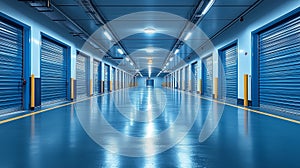 Interior view of a long storage unit hallway with blue roller shutter doors