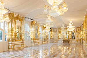 Interior view of luxury mirror room or hall decorated with chandelier