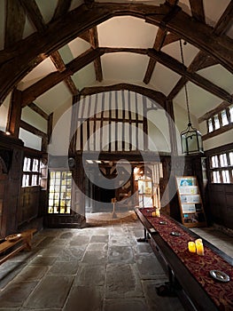 Interior view of medieval tudor long gallery in Little Moreton Hall in Moreton, Cheshire, UK