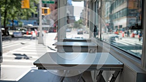 Interior view of a mobile tutoring van showcasing foldout desks in sharp focus with blurred urban streets visible