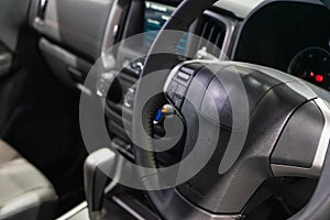 Interior view of modern car, Closeup of car steering wheel