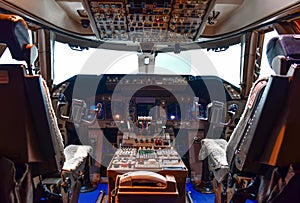 Interior view of modern instruments in cockpit airplane