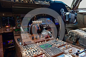 Interior view of modern instruments in cockpit airplane