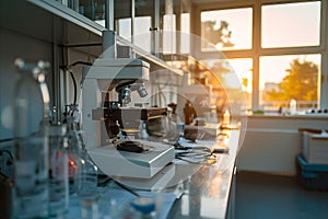 Interior view of a modern, well-lit medical laboratory with advanced equipment, including microscopes, test tubes, and