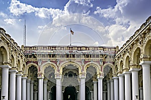 Interior view of Nayakkar palace with blue clouds background in Madurai photo