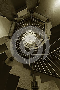 Interior view od modern spiral stairway. Building abstract background