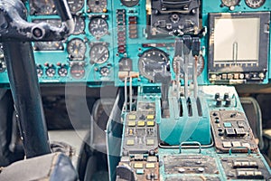 Interior view of the old civil passenger airplane cockpit