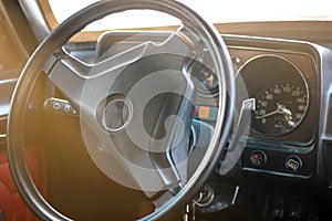 Interior view of old vintage car. Close-up