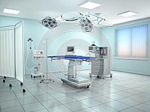 Interior view of the operating room in blue tone. 3d illustration photo