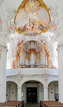 Interior view of the organ in the church of St. Georg and Jakobus in Isny in southern Germany