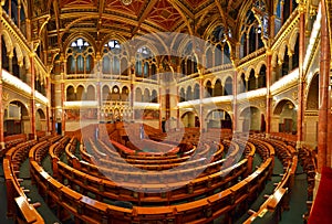 Interior view of the Parliament Building in Budapest with impressive architectural details