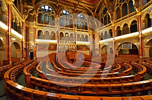 Interior view of the Parliament Building in Budapest with impressive architectural details