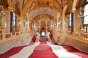 Interior view of the Parliament Building in Budapest with impressive architectural details