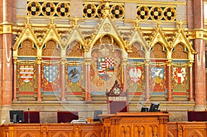 Interior view of the Parliament Building in Budapest with impressive architectural details