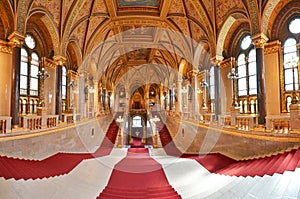 Interior view of the Parliament Building in Budapest with impressive architectural details