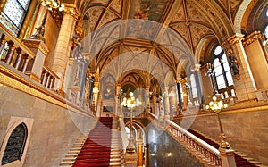 Interior view of the Parliament Building in Budapest with impressive architectural details