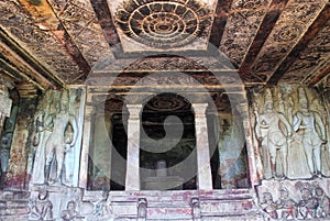 Interior view of Ravanaphadi rock-cut temple, Aihole, Bagalkot, Karnataka. Exquisitely carved ceiling of both the matapas, carved