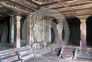 Interior view of Ravanaphadi rock-cut temple, Aihole, Bagalkot, Karnataka. Exquisitely carved ceiling of the matapa, carved Shiva