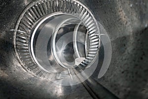 Interior view of residential HVAC galvanized metal duct piping